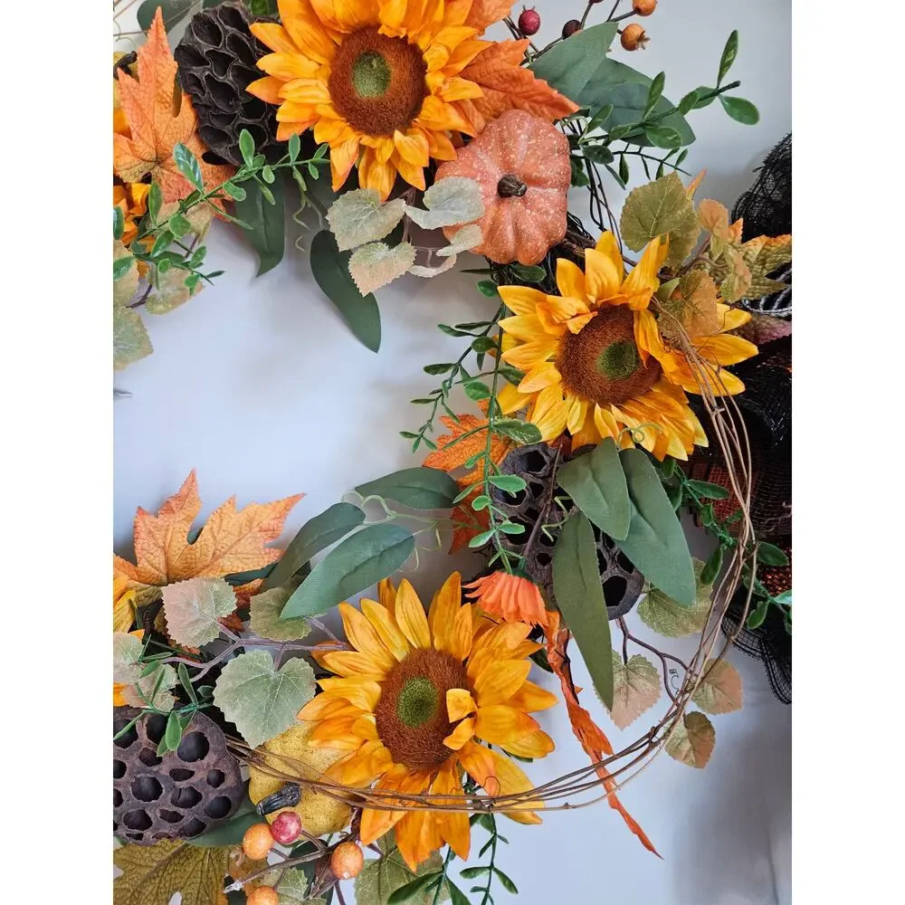 Sunflower Wreath Pumpkins Dried Gourds Twig Base Fall Handmade 30x6